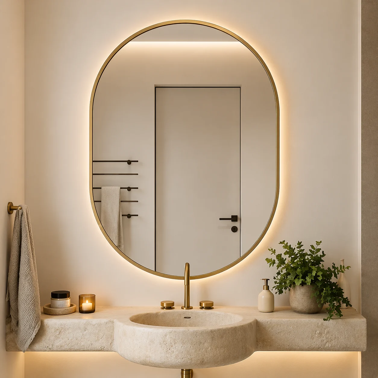 Oval decorative mirror with gold leaf frame