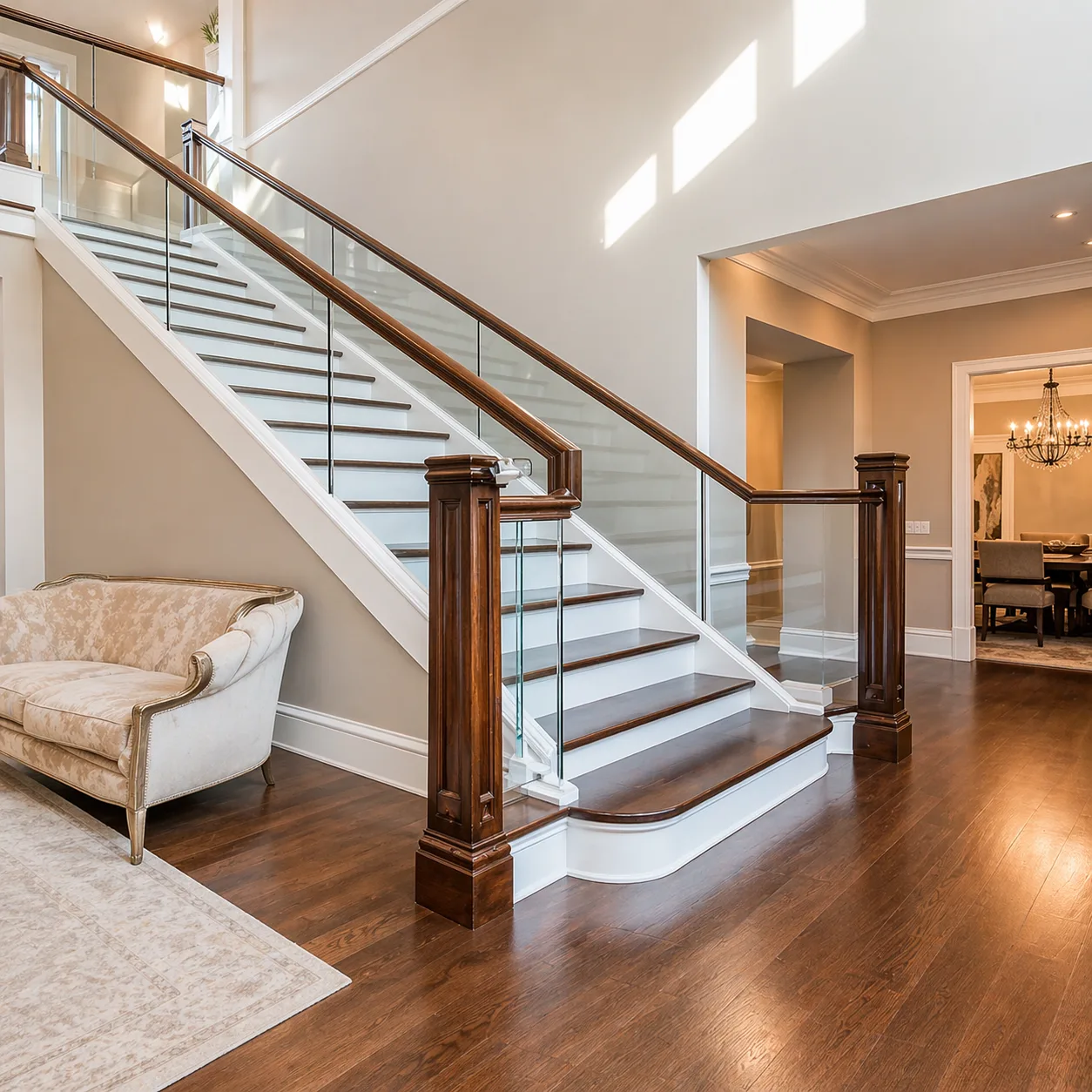 Semi-frameless glass balustrade with stainless steel handrail
