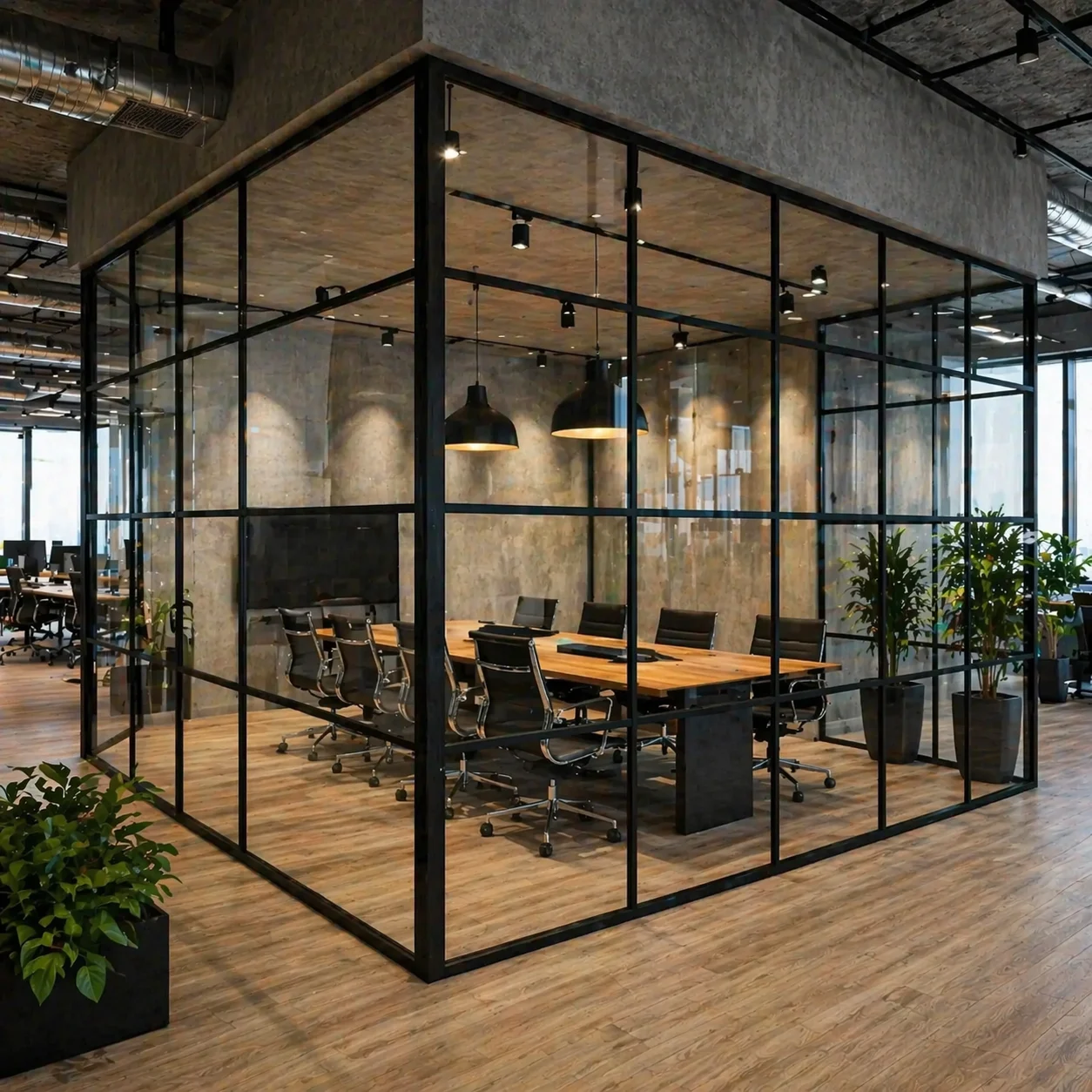 Contemporary glass partition with sleek hardware