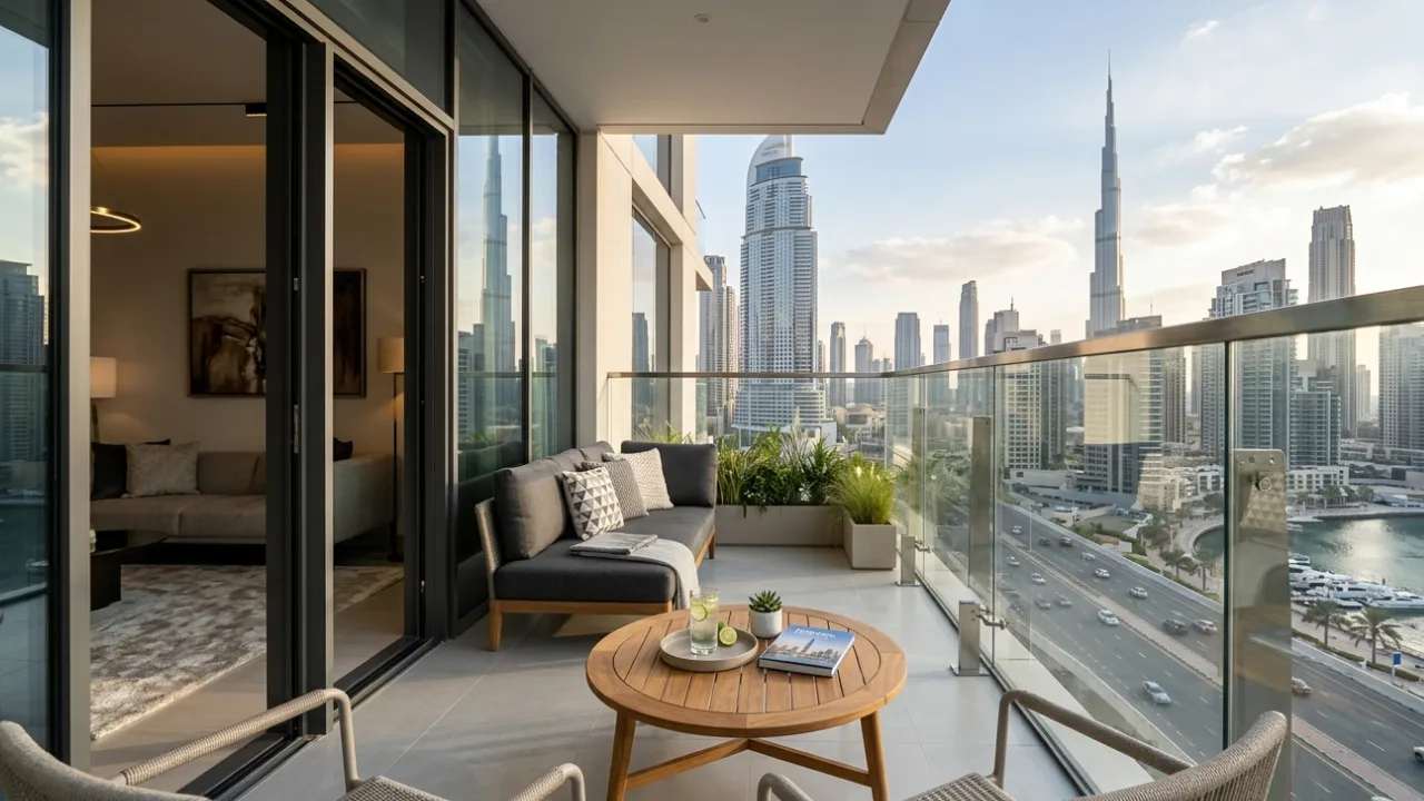 Frameless balcony glass balustrade installation in Dubai with tempered safety glass on modern apartment balcony