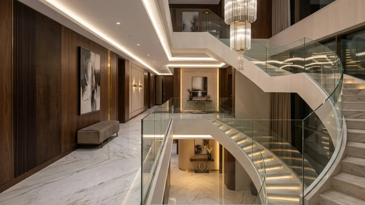 Frameless glass railing Dubai installation with tempered glass and stainless steel clamps on modern villa balcony