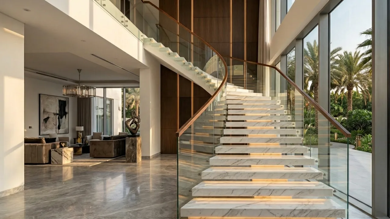 Glass handrail for stairs Dubai installation with frameless tempered glass and stainless steel clamps on modern villa staircase