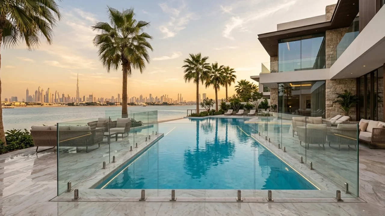 Pool glass fencing Dubai installation with frameless tempered glass panels around luxury villa swimming pool