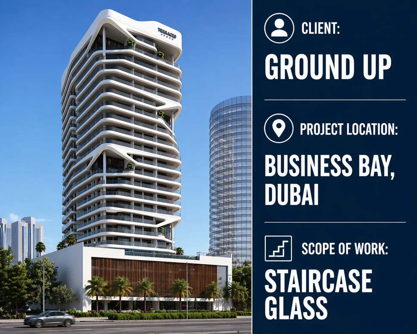 Staircase glass railing installation at Business Bay