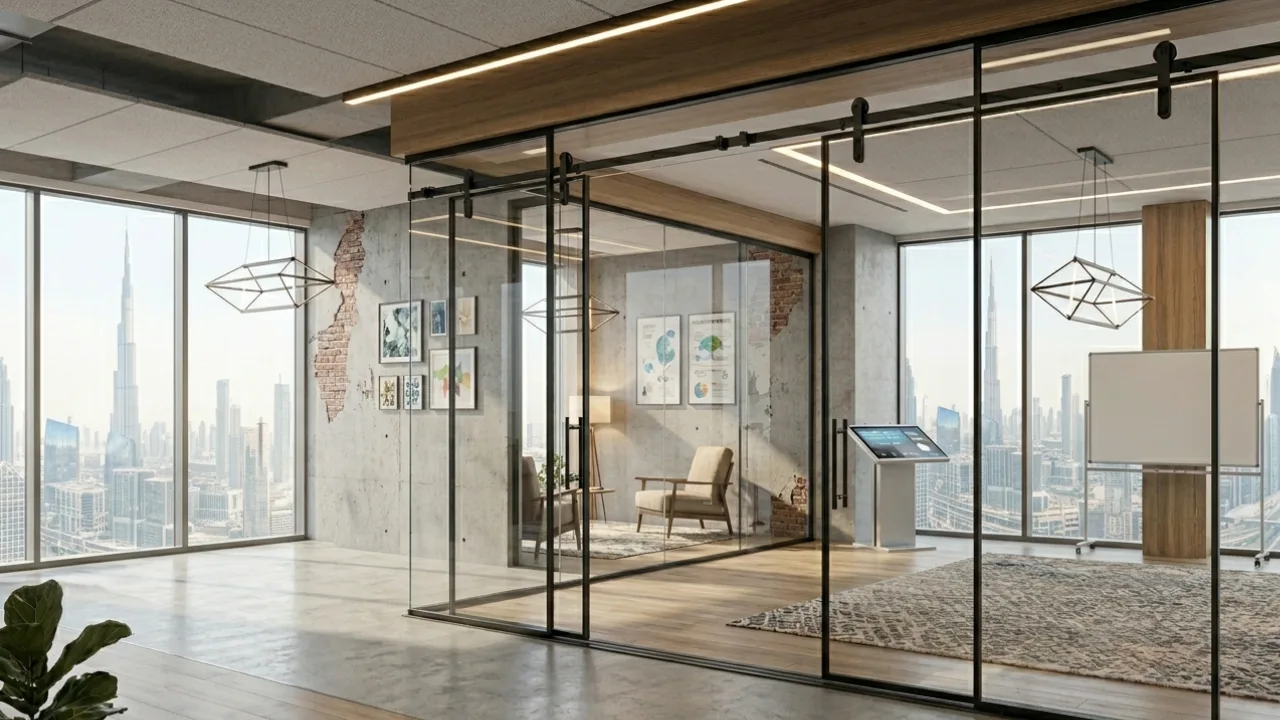 Sliding glass partition Dubai office installation with frameless design in modern workspace