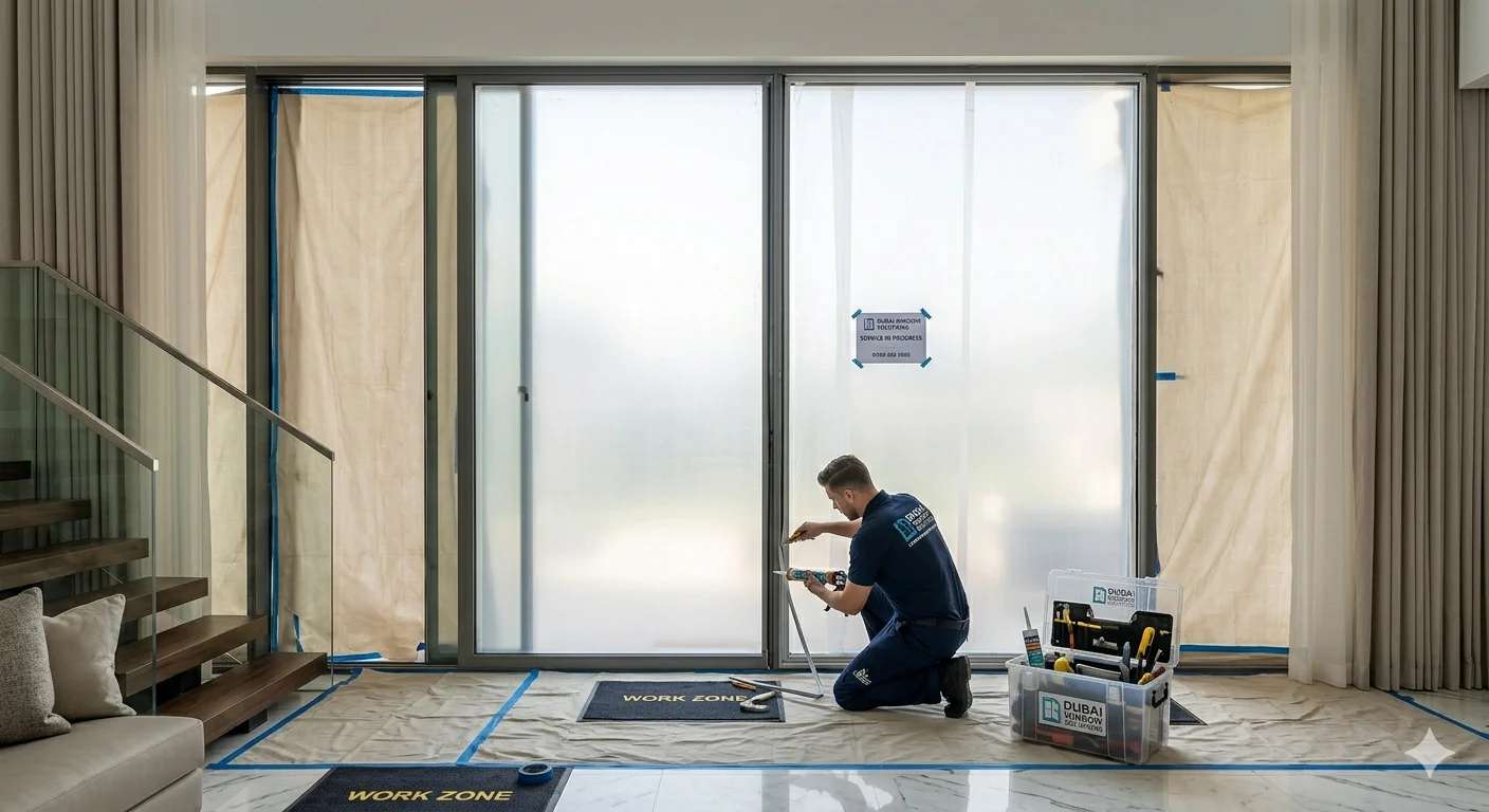 Glass repair Dubai technician fixing cracked window glass in home same-day service