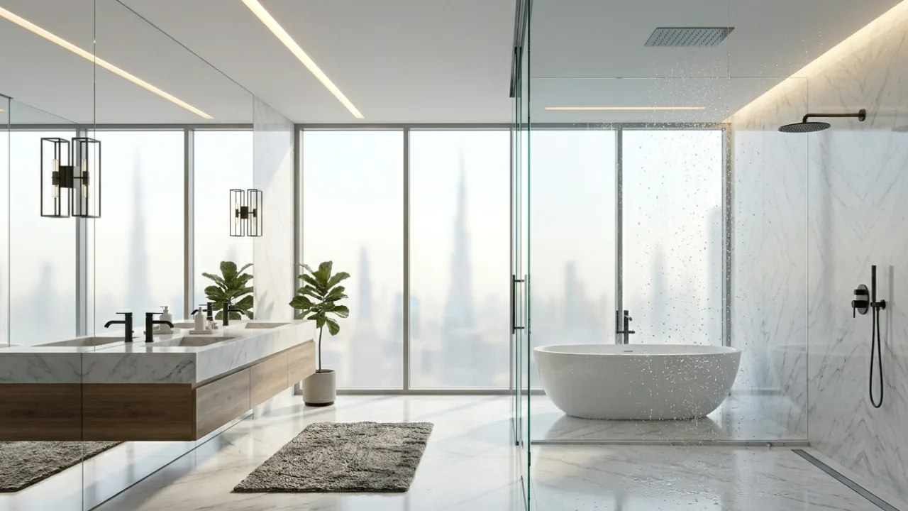 Bathroom separator glass in Dubai installation with frameless design in luxury villa bathroom