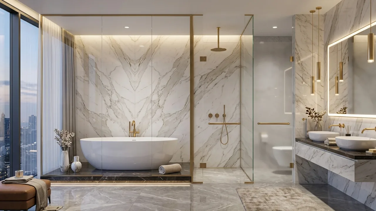 Bathtub glass partition in Dubai luxury bathroom - frameless tempered glass panel with anti-limescale coating
