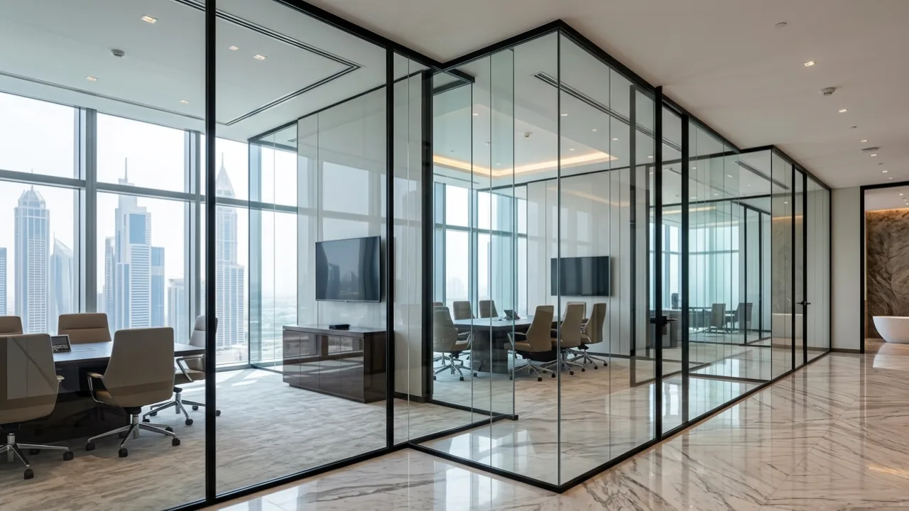 Modern office glass partition in Dubai corporate office with frameless glass walls in Business Bay