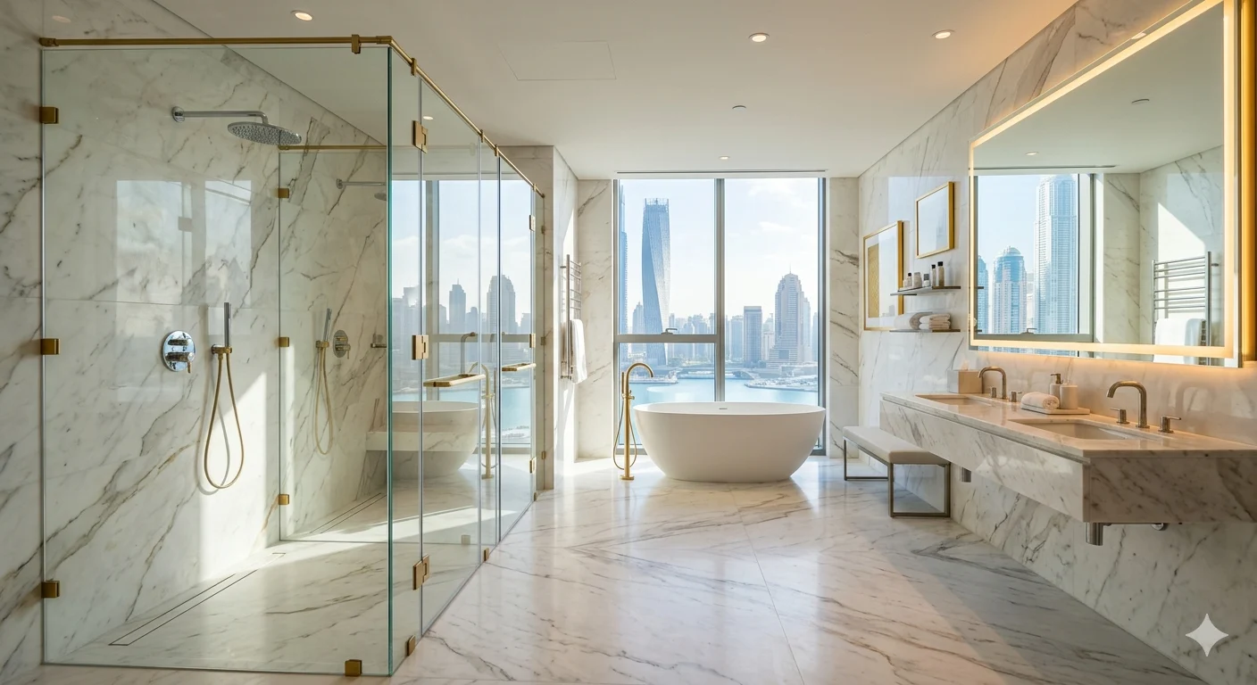 Frameless shower glass frame design in Dubai - premium finish by Riaz Glass