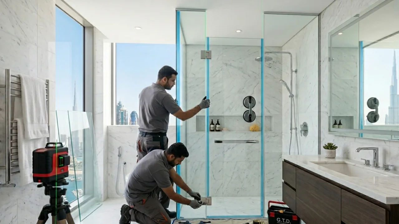 bathroom glass partition in Dubai - full size professional installation by Riaz Glass